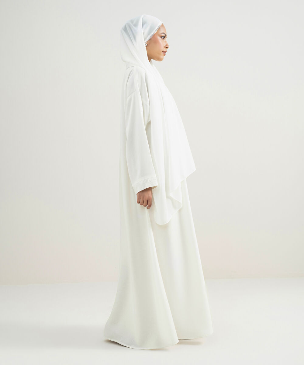 Women's White Embroidered Button- Through Abaya