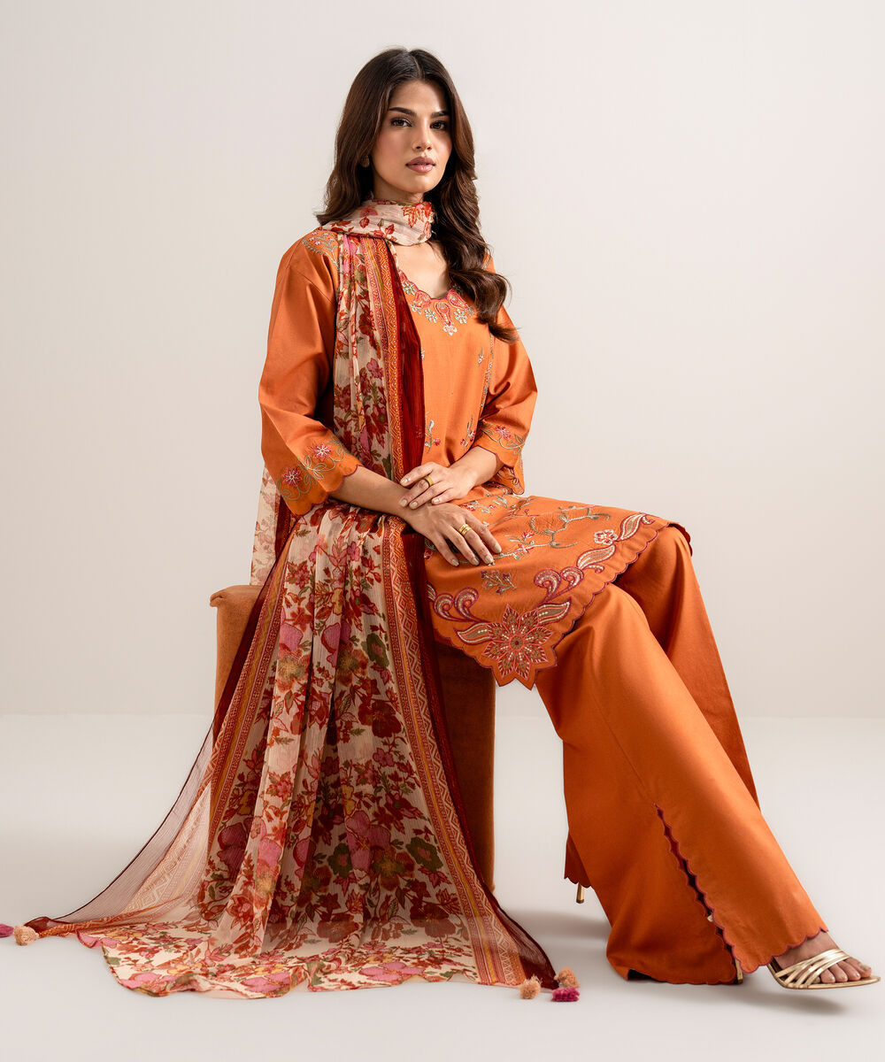 Women's Unstitched Embroidered Textured Lawn Orange 3 Piece Suit