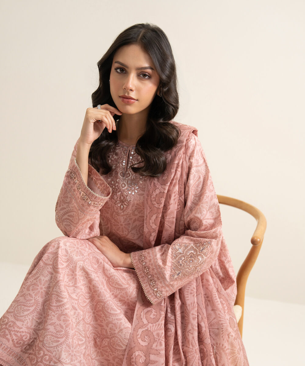 Women's Unstitched Lawn Embroidered Tea Pink 3 Piece Suit