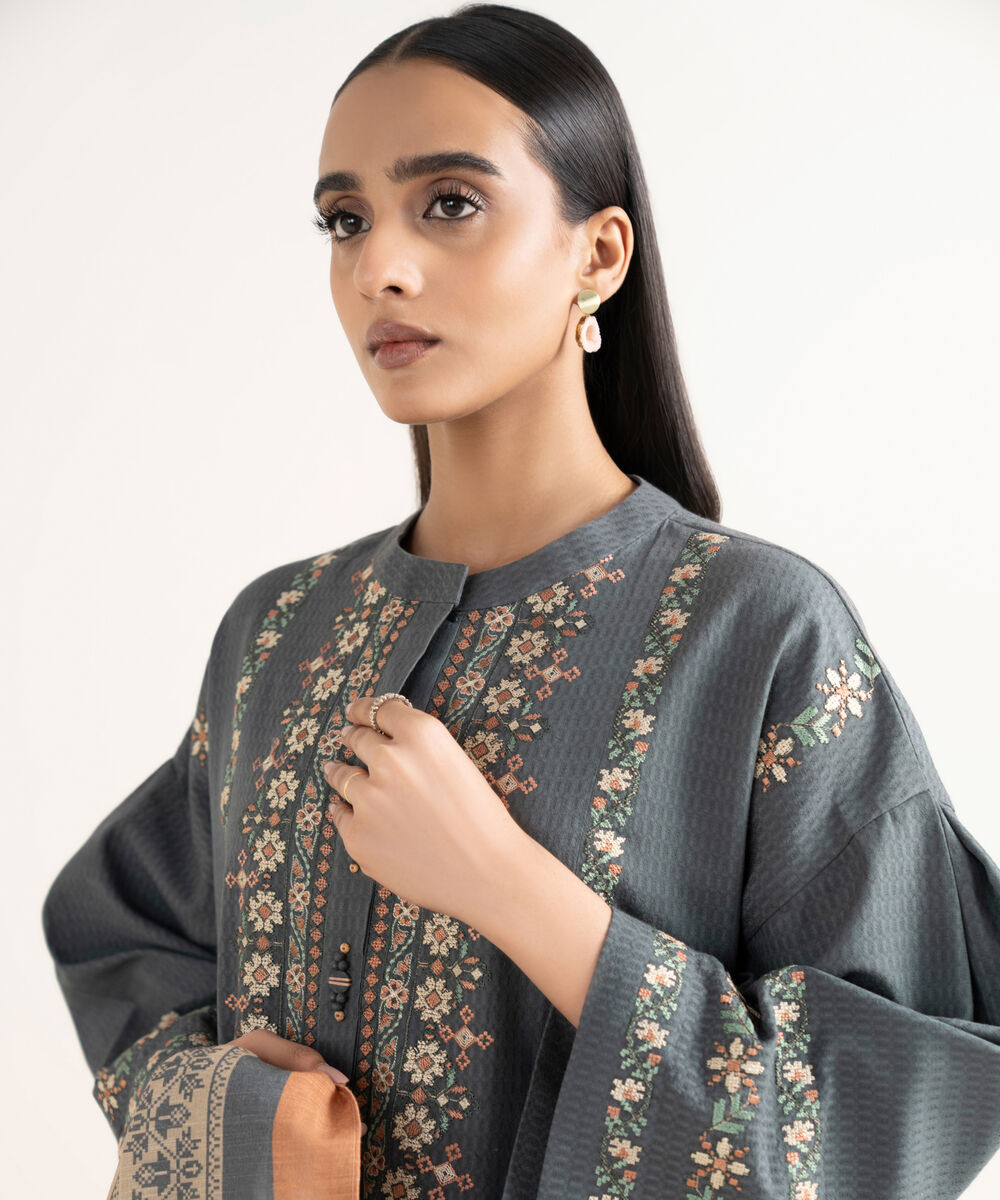 Women's Unstitched Dobby Embroidered Grey 3 Piece Suit