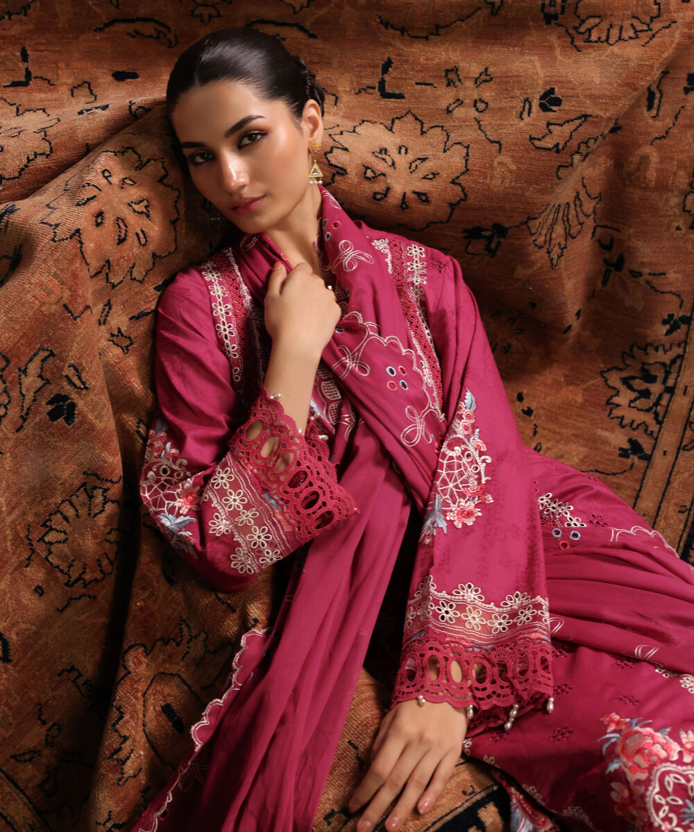 Women's RTW Self Jacquard Solid Embroidered Pink 3 Piece Suit