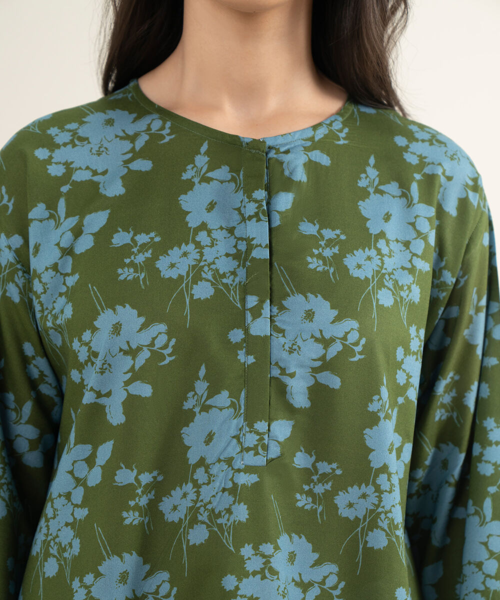 Women's RTW Arabic Cambric Printed Green Drop Shoulder Shirt