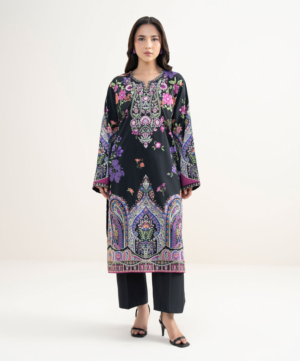 Women's RTW Cotton Viscose Embroidered Black Straight Shirt