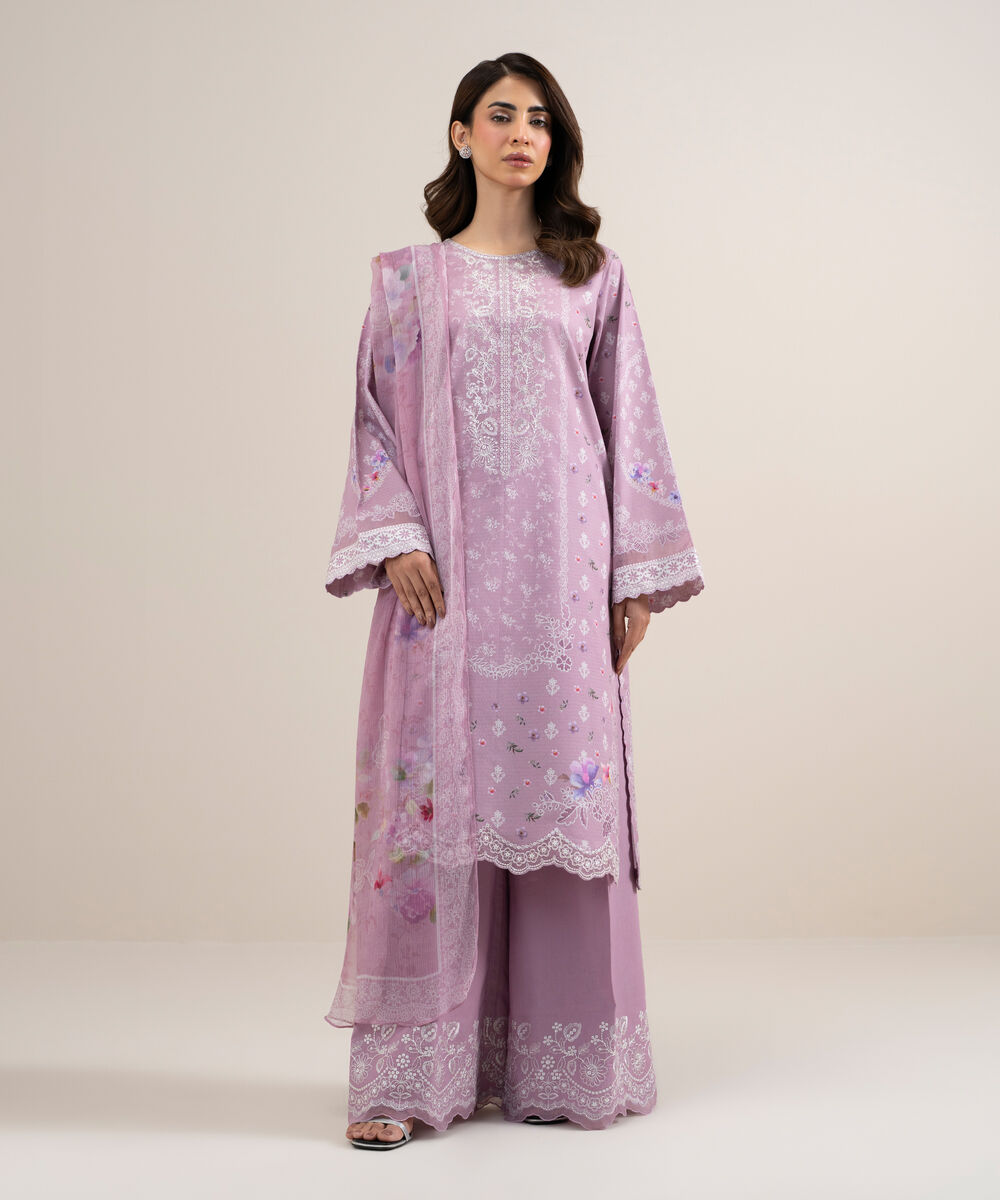 Women's Unstitched Dobby Embroidered Pink 3 Piece Suit