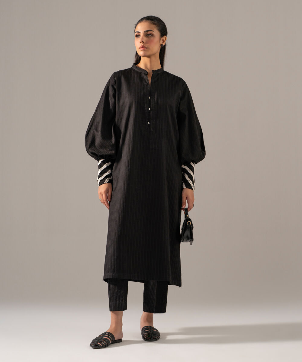 Women's RTW Dobby Strip Solid Black 2 Piece Suit