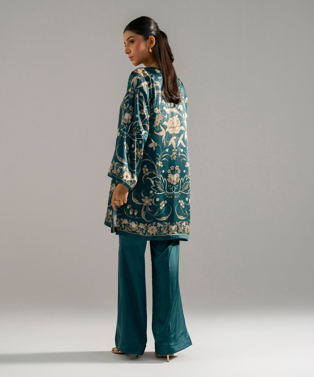 Women's RTW Blended Satin Printed Teal 2 Piece Suit