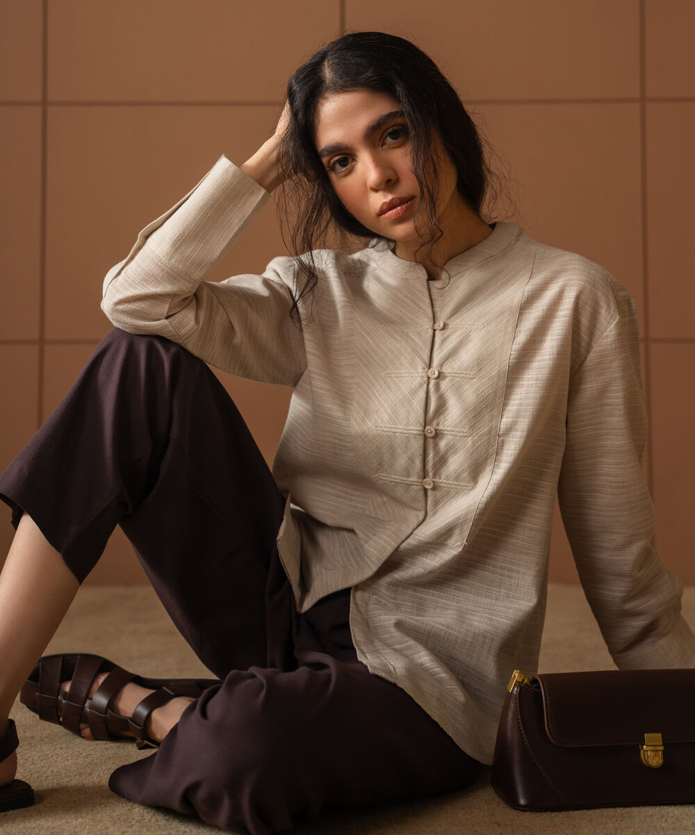 Women's Off White Textured Shirt With Yoke Detail