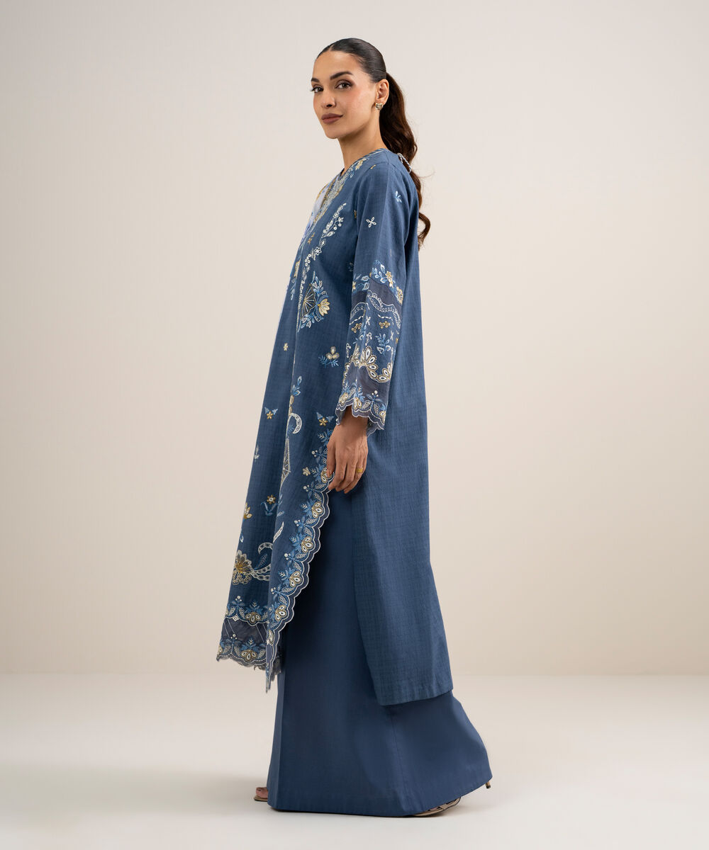Women's Unstitched Dobby Embroidered Blue  3 Piece Suit