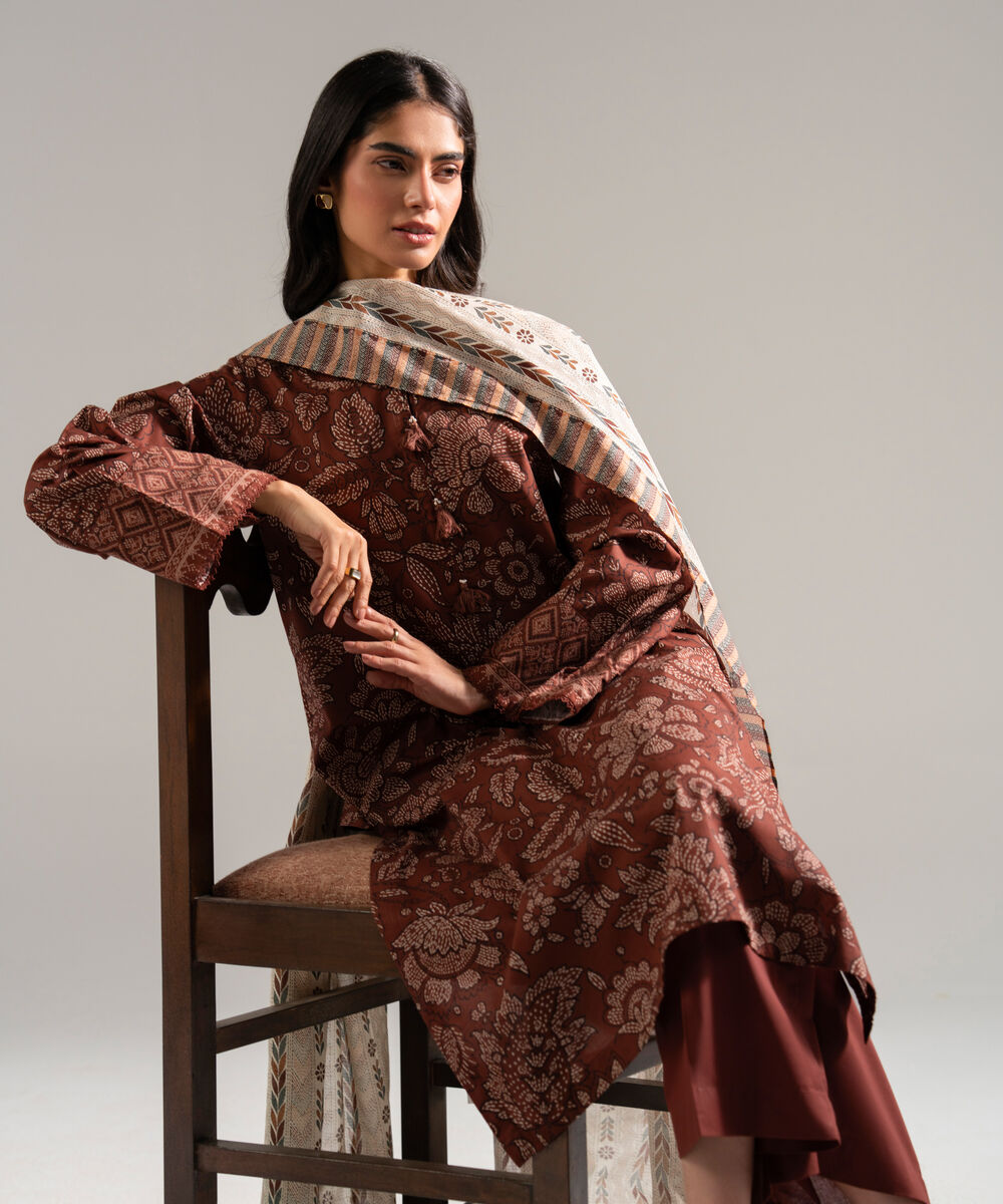 Women's RTW Slub Lawn Printed Brown 3 Piece Suit
