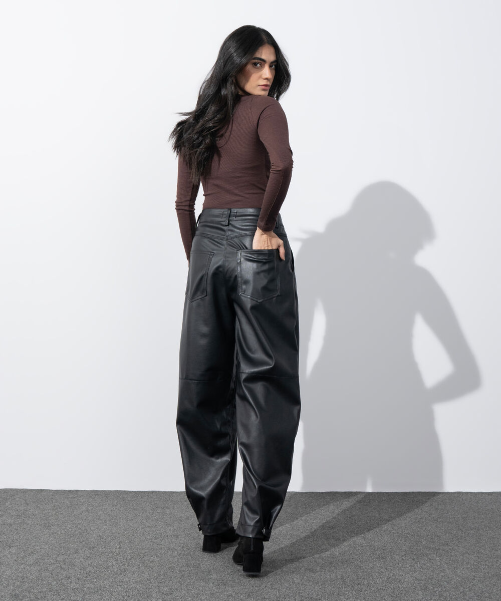 Women's Western Wear Black Faux Leather Barrel-Fit Trousers