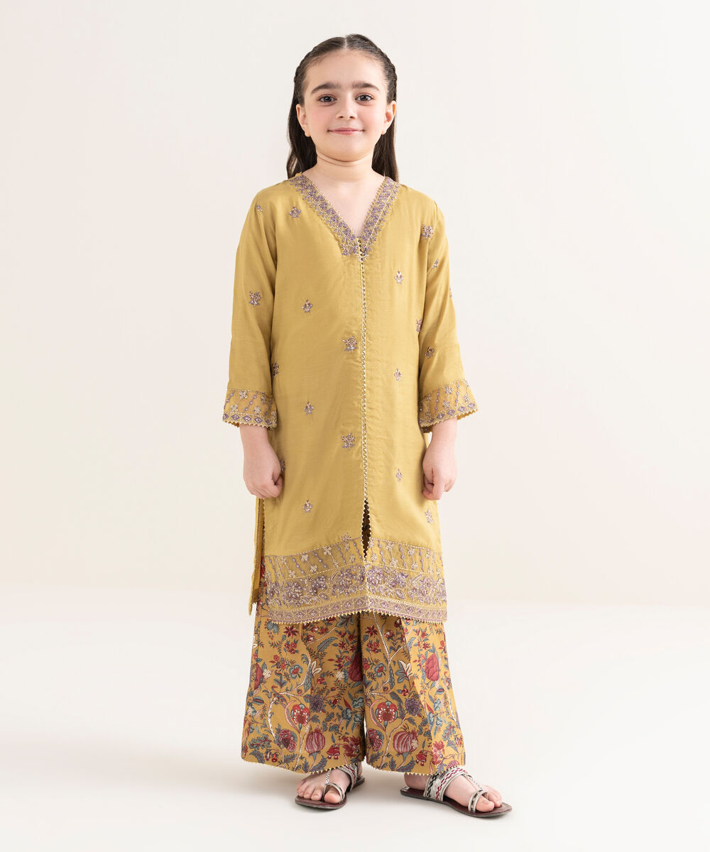 Girl's Viscose Raw Silk Yellow Embroidered 2 Piece Suit