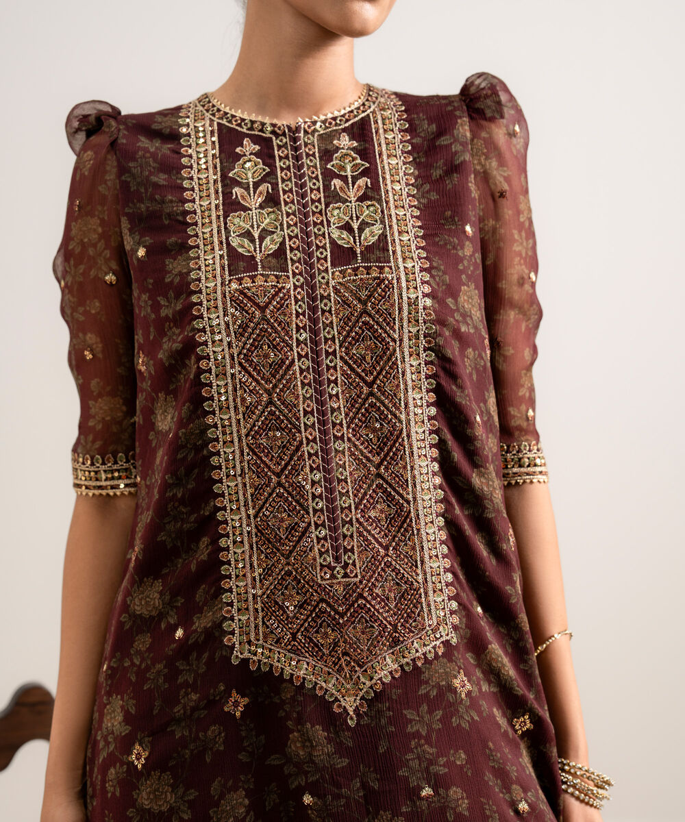 Women's Unstitched Embroidered Blended Chiffon Red 3 Piece Suit