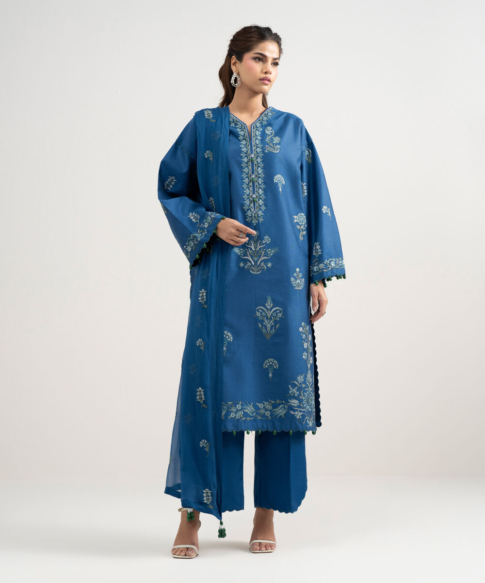 Women's Unstitched Silk Cotton Net Embroidered Blue 3 Piece Suit