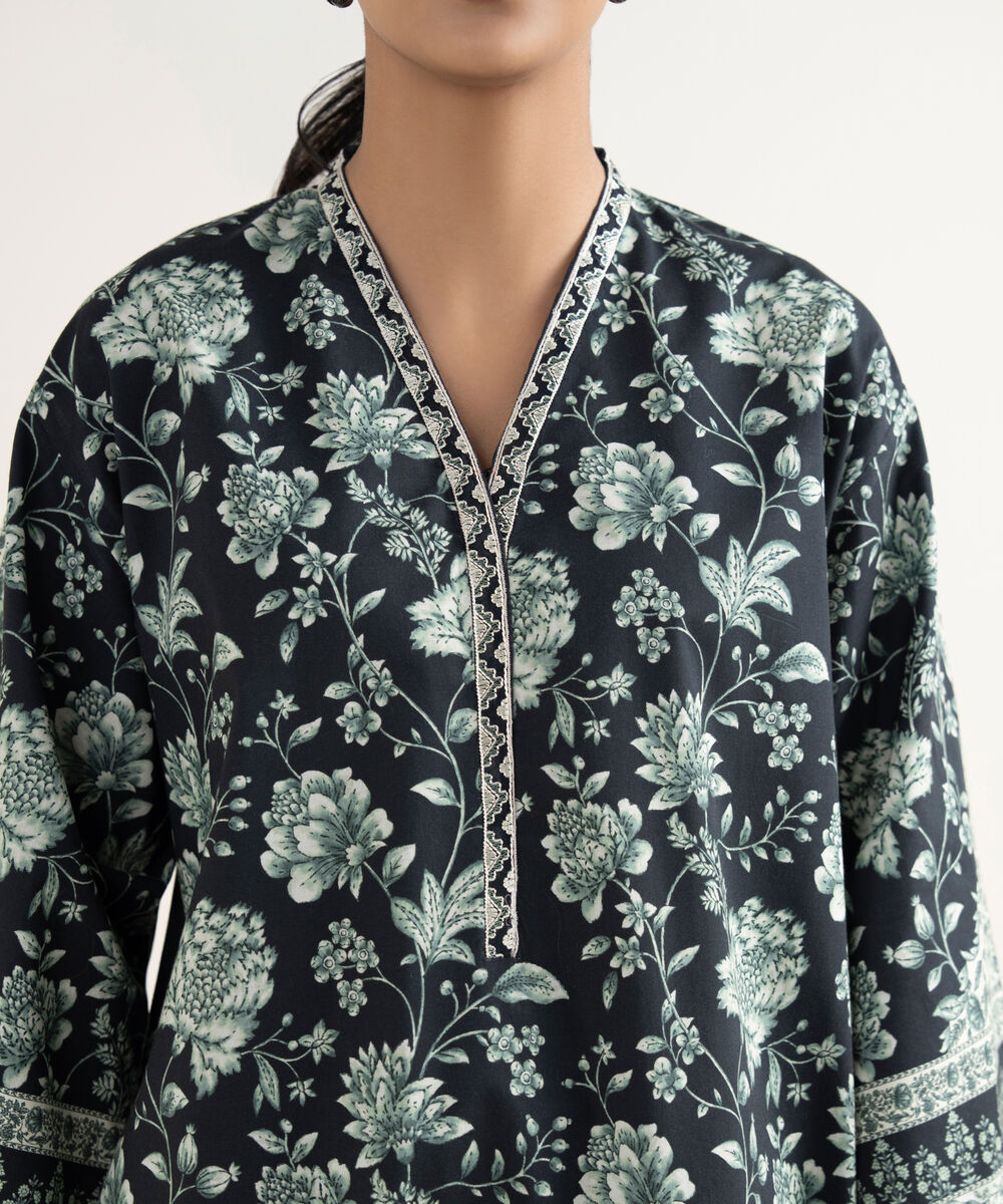 Women's Unstitched Cotton Printed Black 3 Piece Suit