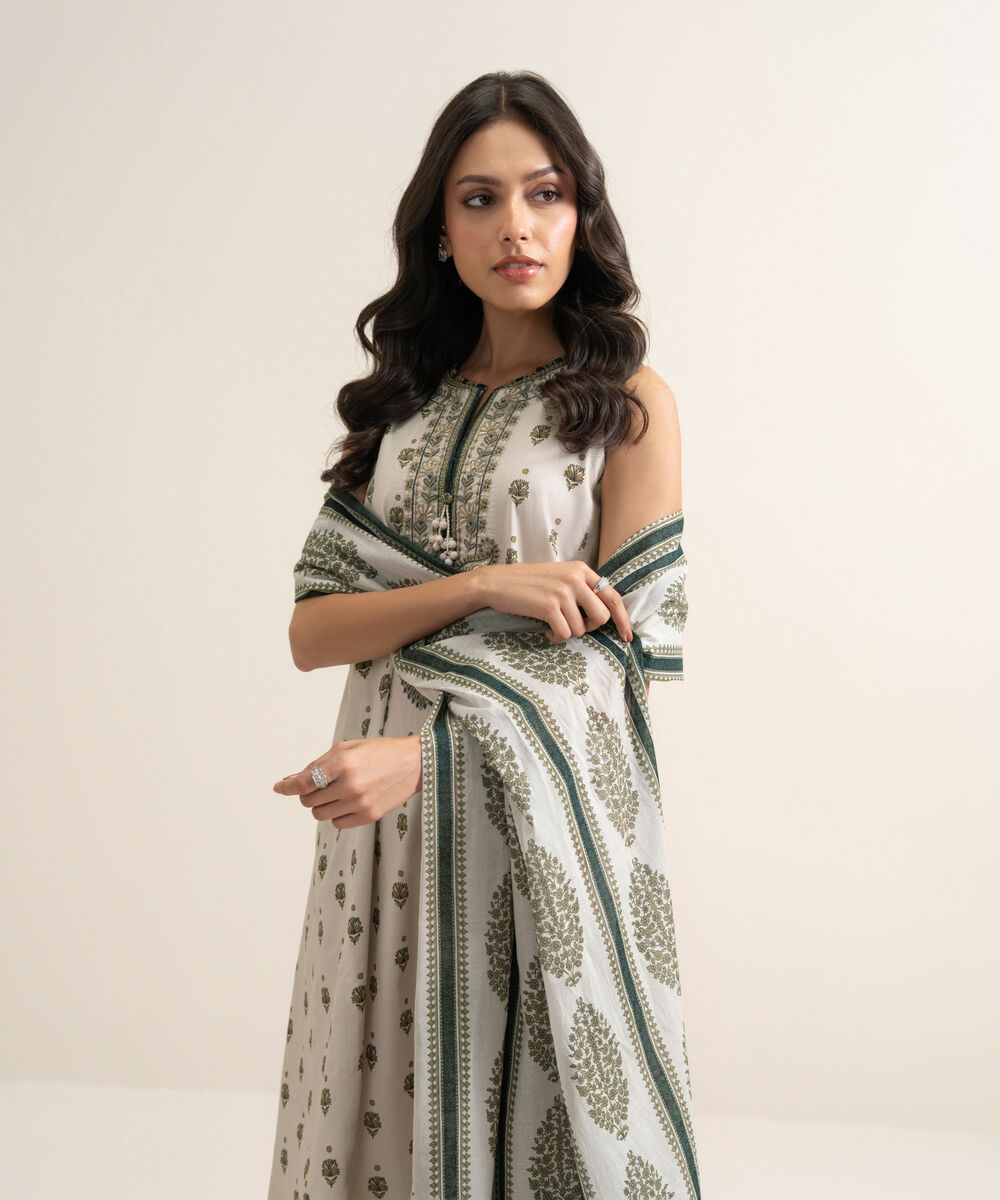 Women's Unstitched Lawn Embroidered Beige 3 Piece Suit