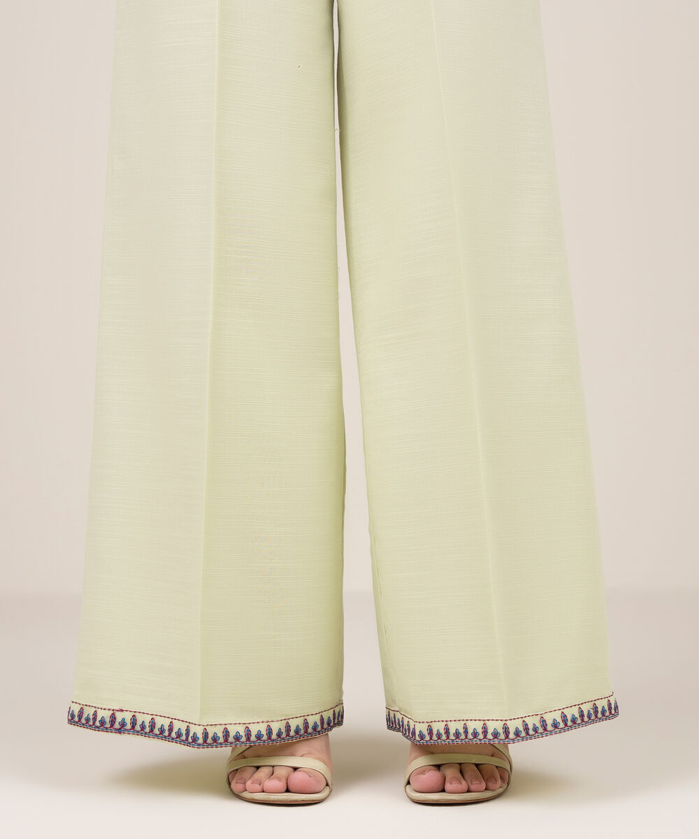 Women's RTW Khaddar Embroidered Mint Green Flared Pants