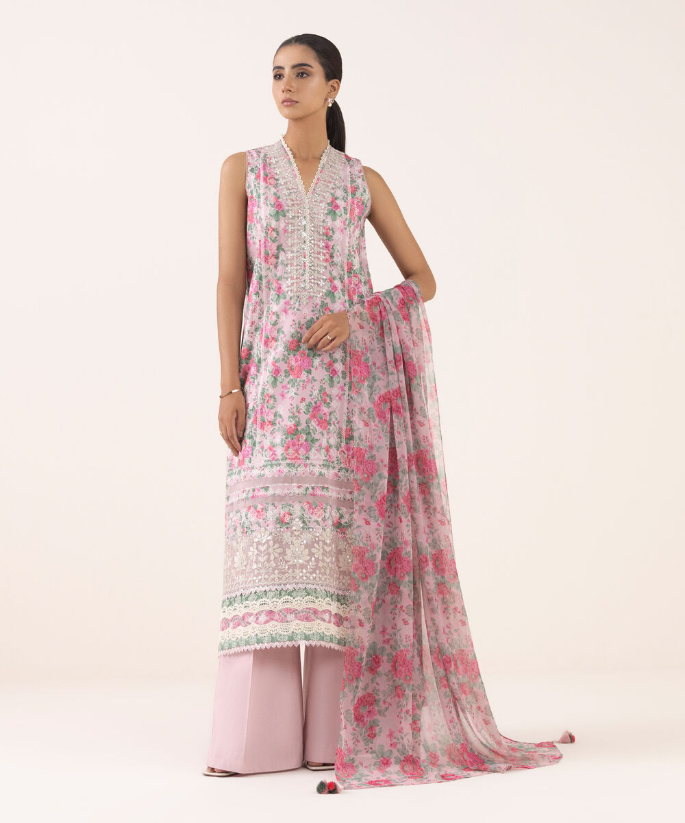 Women's Unstitched Cotton Viscose Embroidered Pink 3 Piece Suit