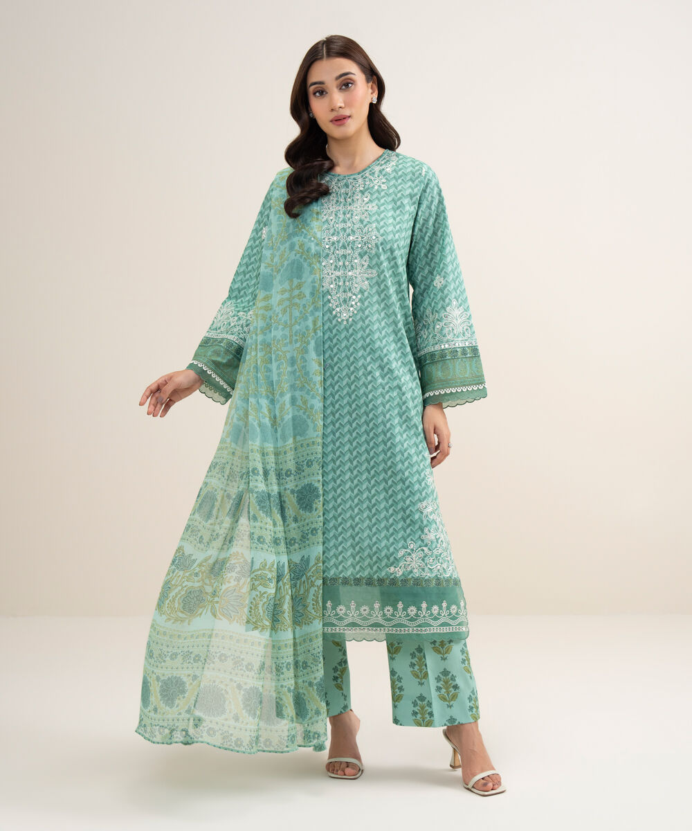 Women's Unstitched Lawn Embroidered Aqua Green 3 Piece Suit