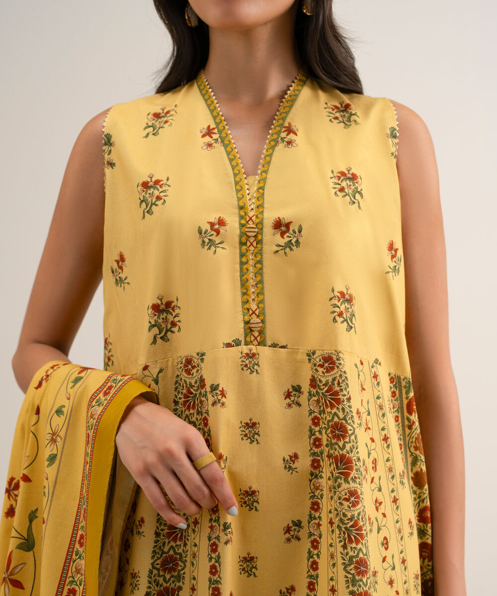 Women's Unstitched Printed Cotton Viscose Lime Yellow 3 Piece Suit
