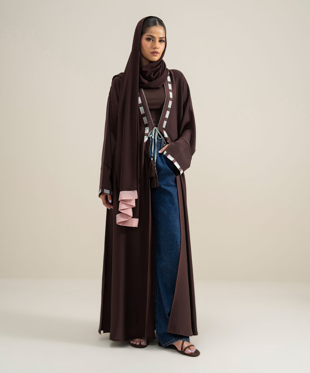 Women's Polyester Brown Embroidered Kimono Abbaya Set