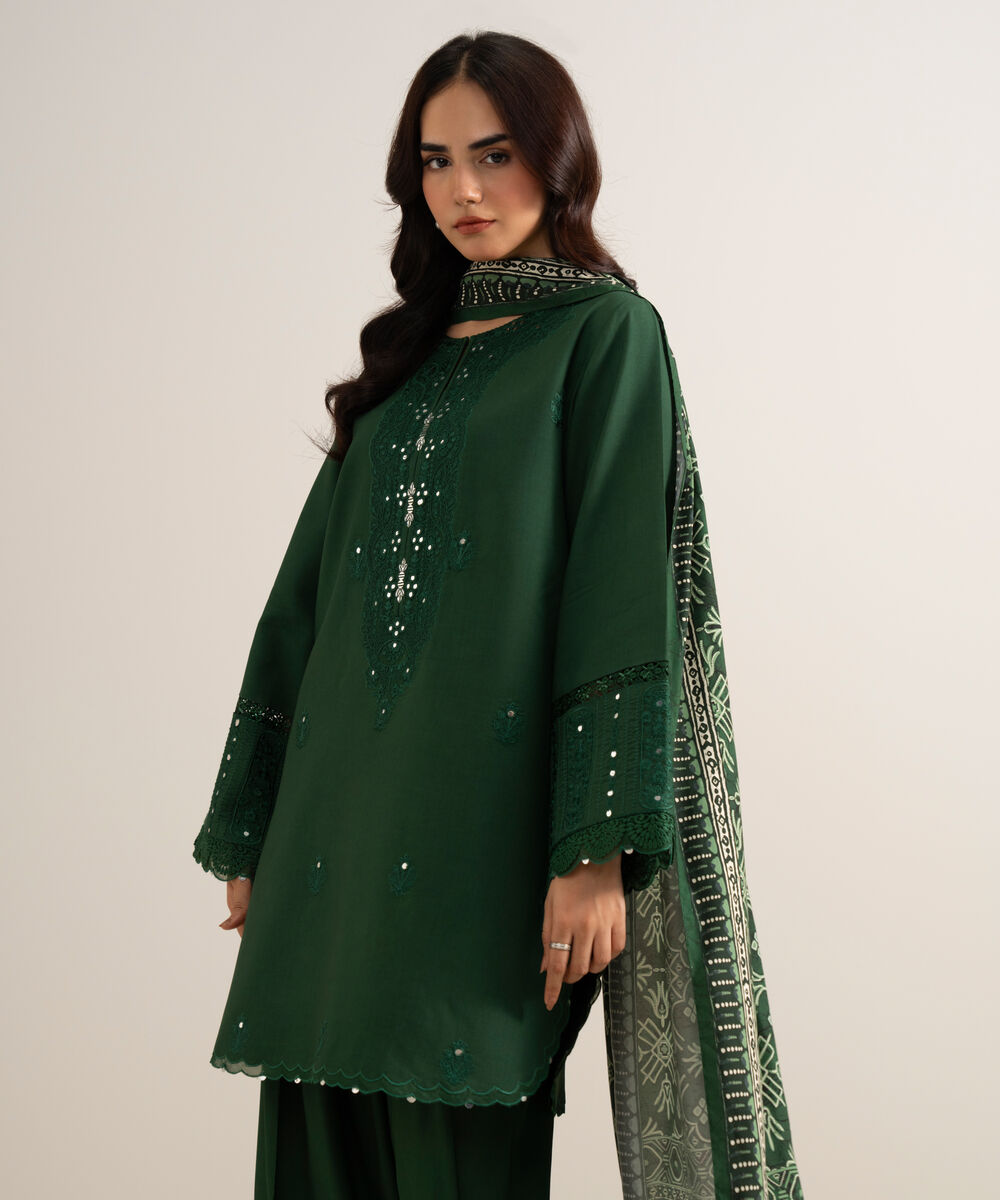 Women's Unstitched Embroidered Linen Green 3 Piece Suit