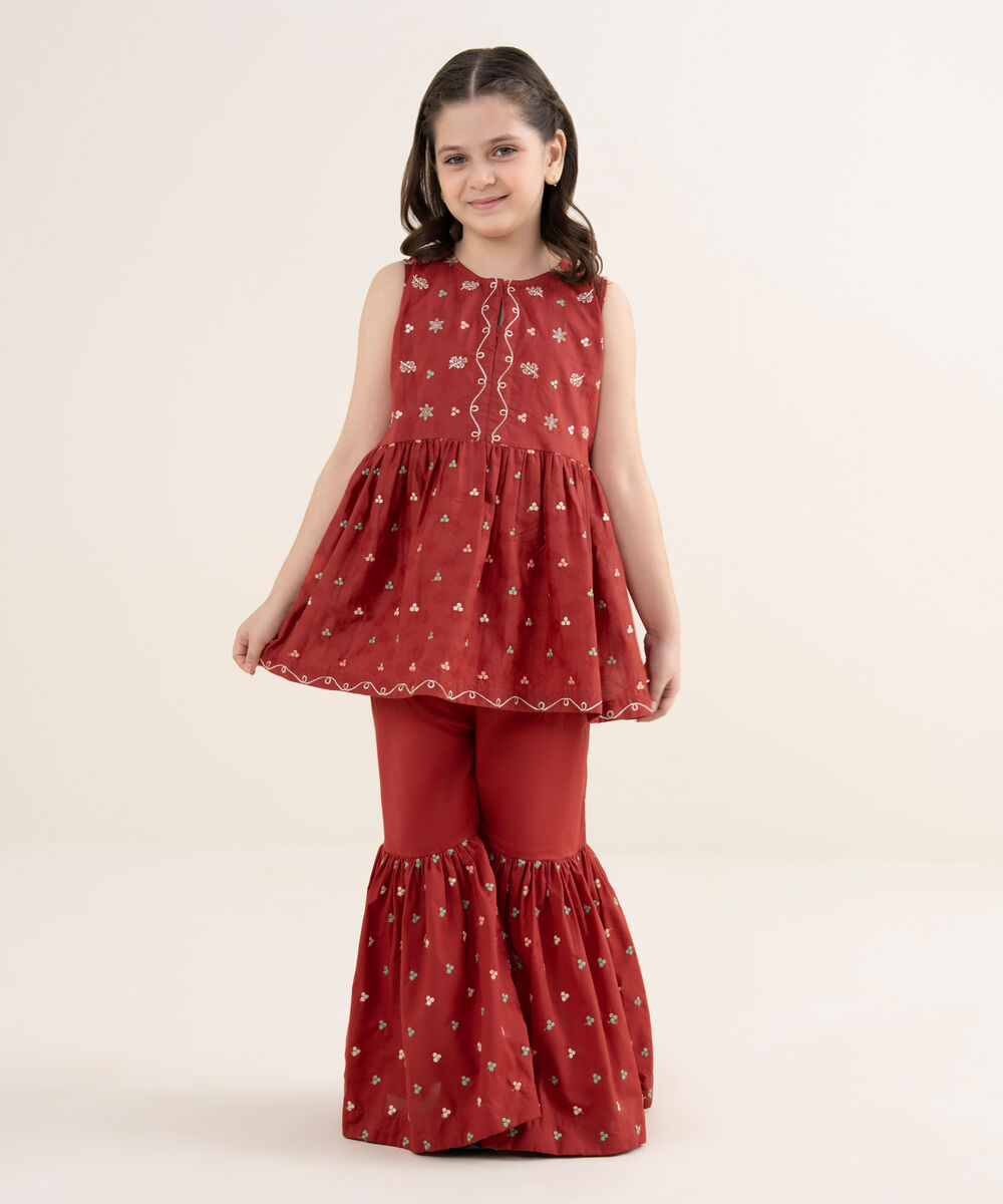 Girl's Cotton Jacquard Embroidered Red 2 Piece Set