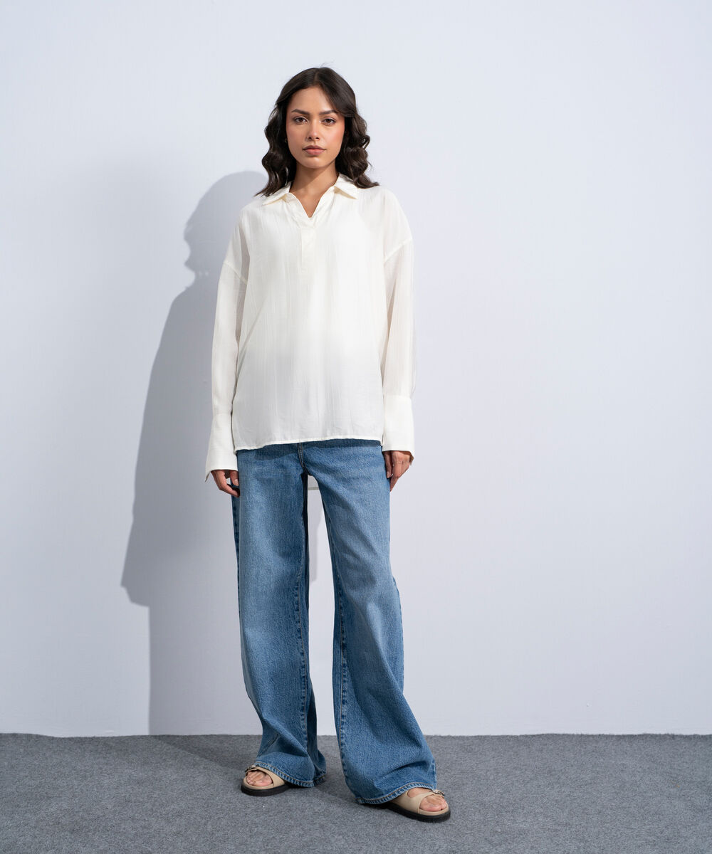 Women's Western White Textured V-Neck Top