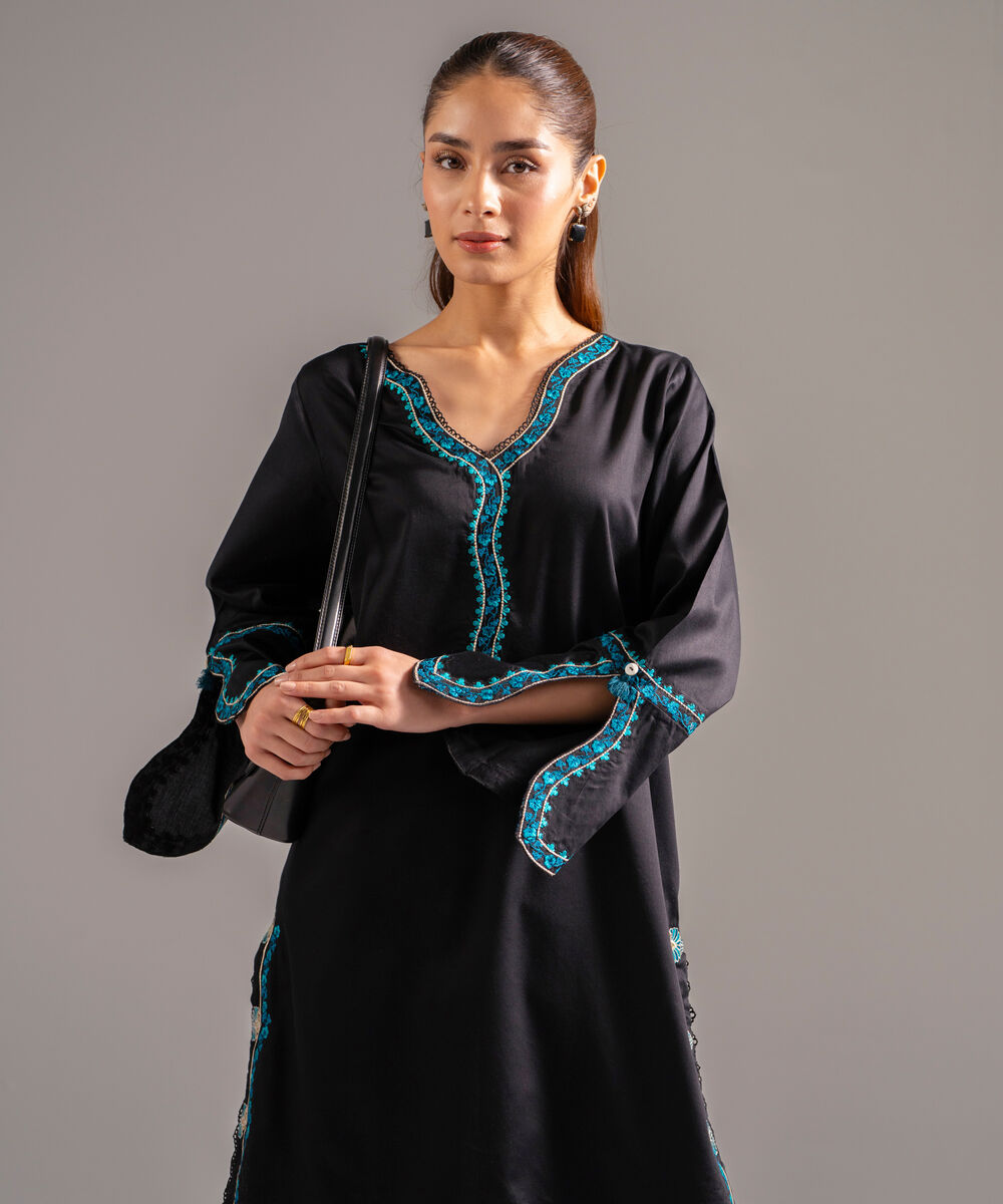 Women's RTW Cotton Satin Embroidered Black 2 Piece Suit