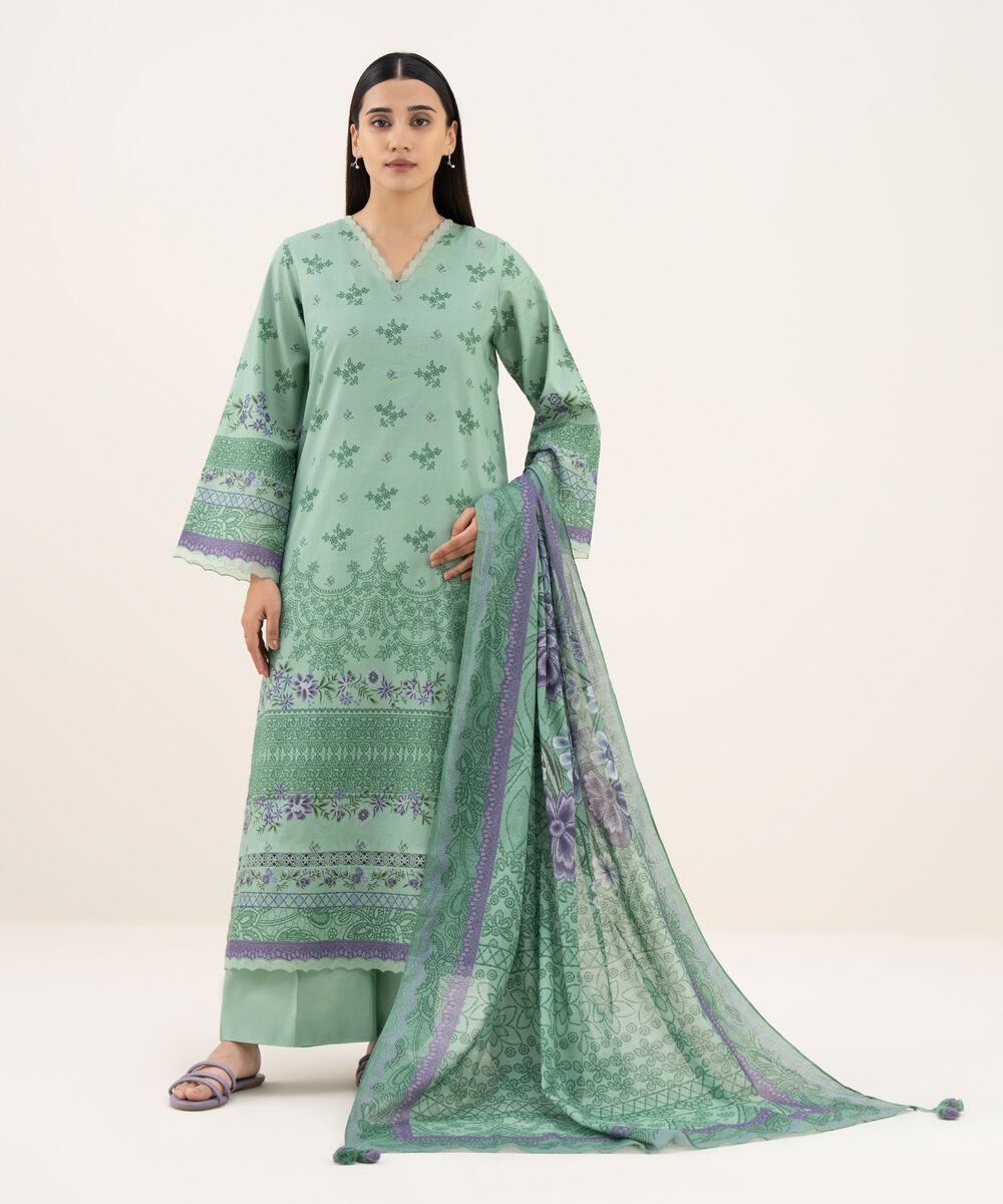 Women's Unstitched Lawn Printed Green 3 Piece Suit