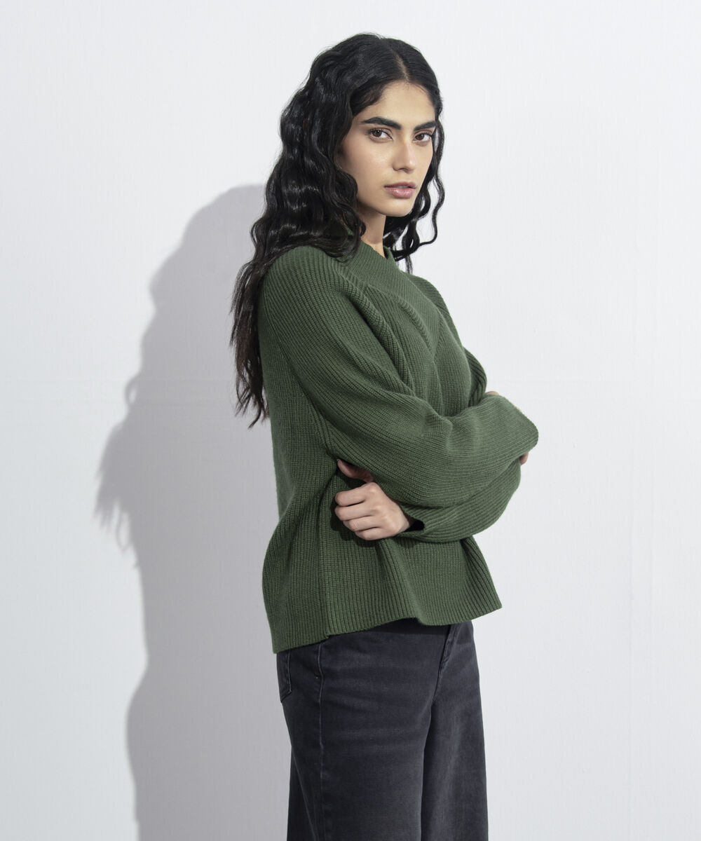 Women's Western Wear Olive Cross-Over High Neck Sweater