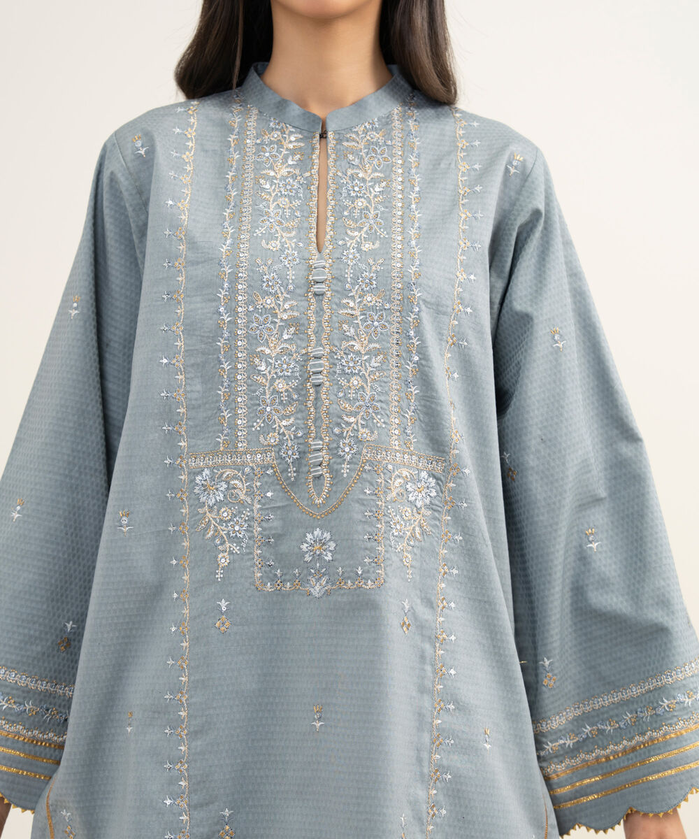 Women's Unstitched Dobby Embroidered Grey 3 Piece Suit