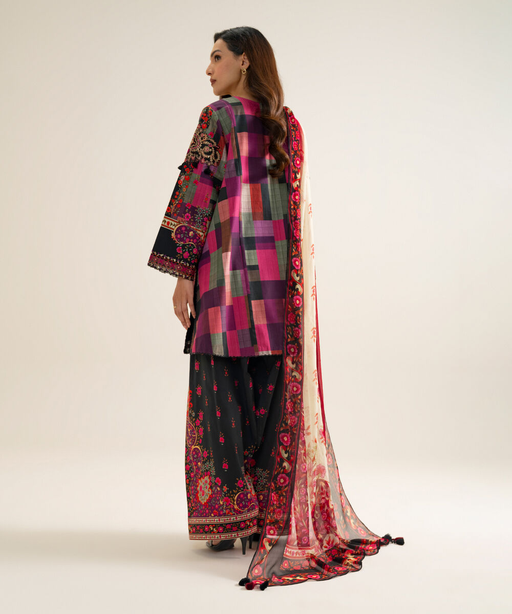 Women's Unstitched Blended Chiffon Printed Plum 3 Piece Suit