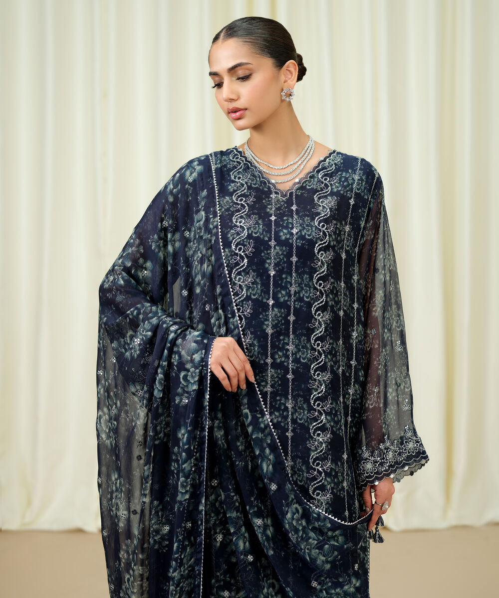 Women's Unstitched Blended Chiffon Embroidered Blue 3 Piece Suit