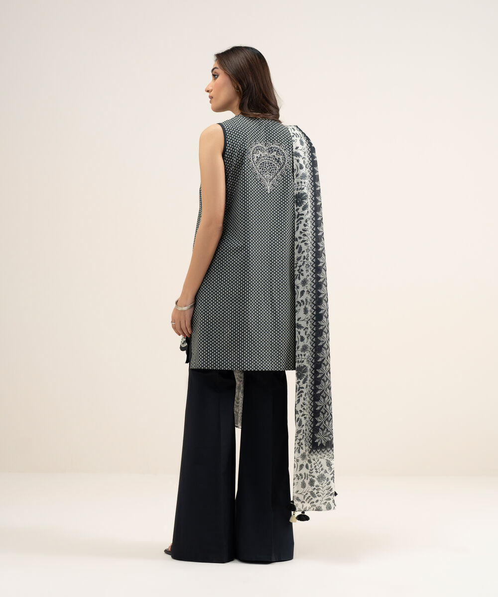 Women's Unstitched Lawn Embroidered Black and Off White 3 Piece Suit