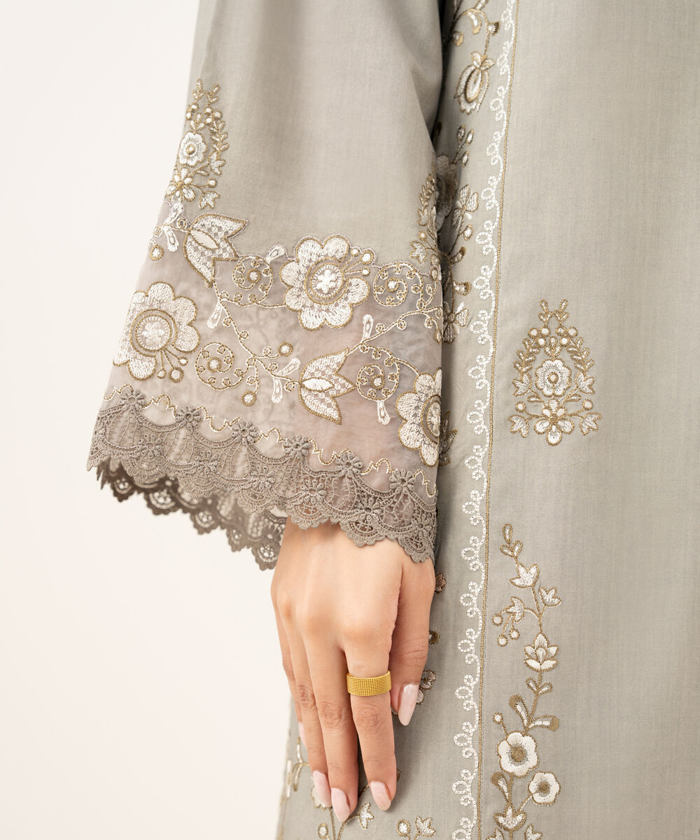 Women's Unstitched Embroidered Linen Beige 3 Piece Suit