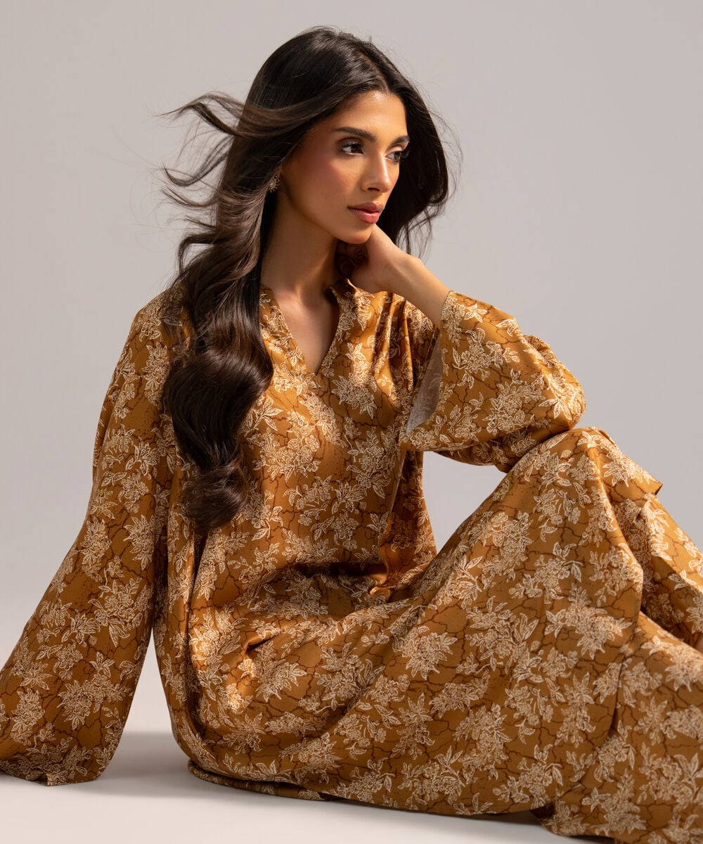Women's RTW Arabic Lawn Printed Brown 2 Piece Suit