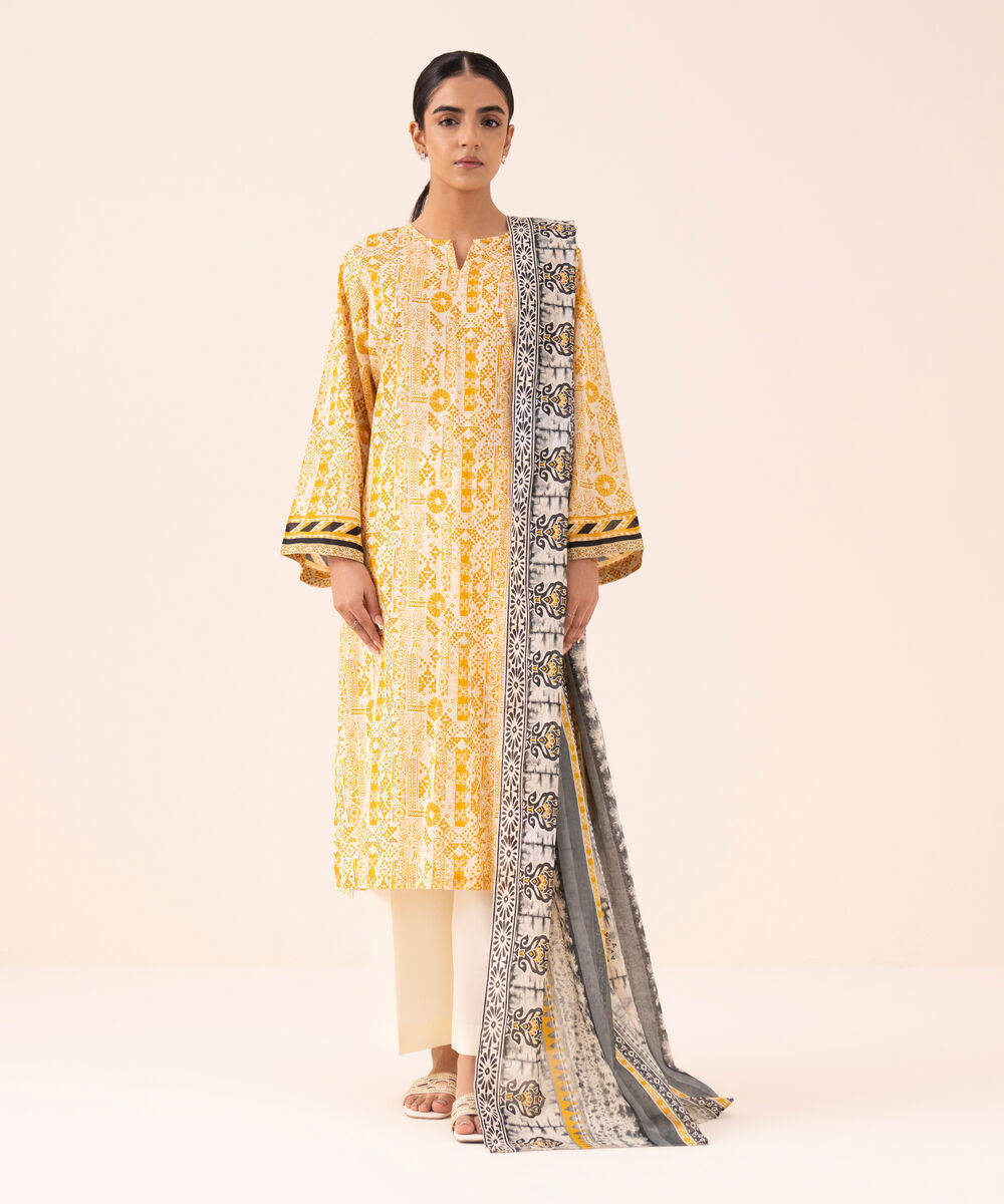 Women's Unstitched Cotton Printed Mustard Three Piece Suit