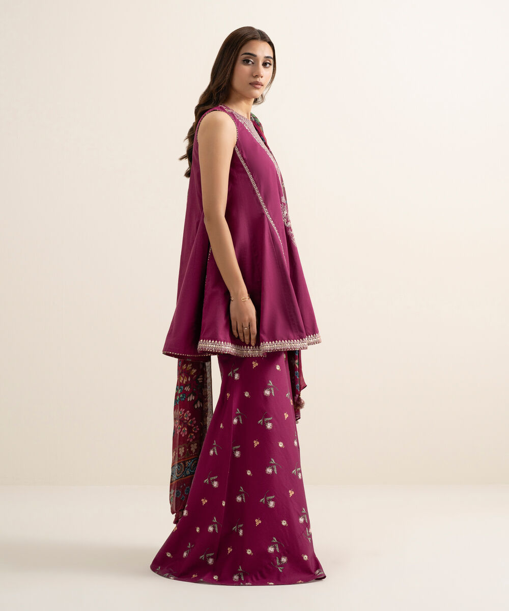 Women's Unstitched Textured Lawn Embroidered Fuchsia Pink 3 Piece Suit