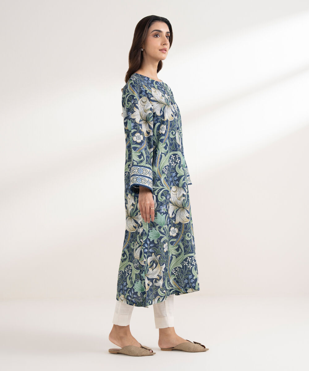 Women's RTW Cotton Printed Straight BLue Shirt