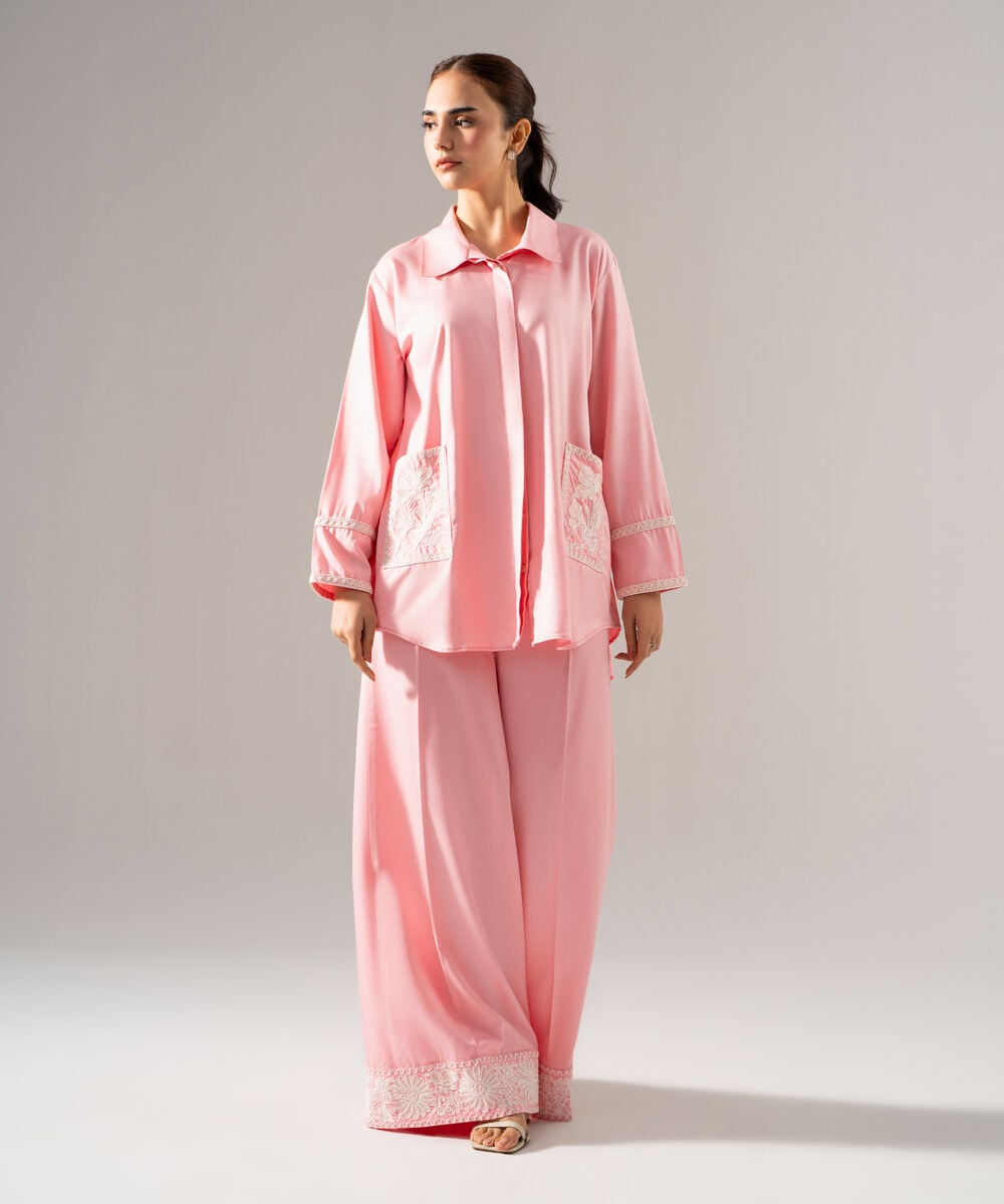 Women's RTW Viscose Marina Solid Embroidered Pink Drop Shoulder Shirt