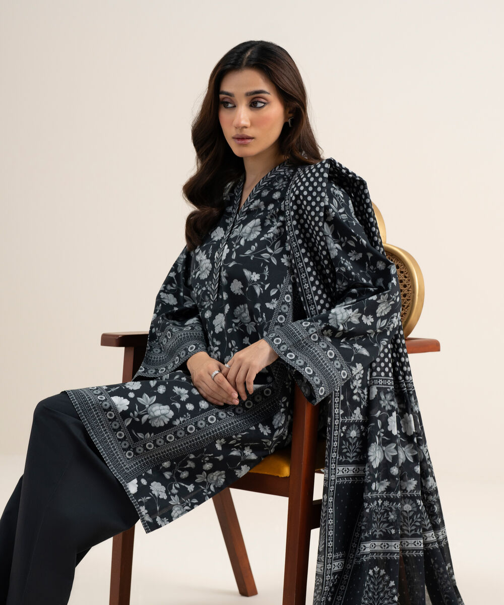 Women's Unstitched Lawn Printed Black 3 Piece Suit