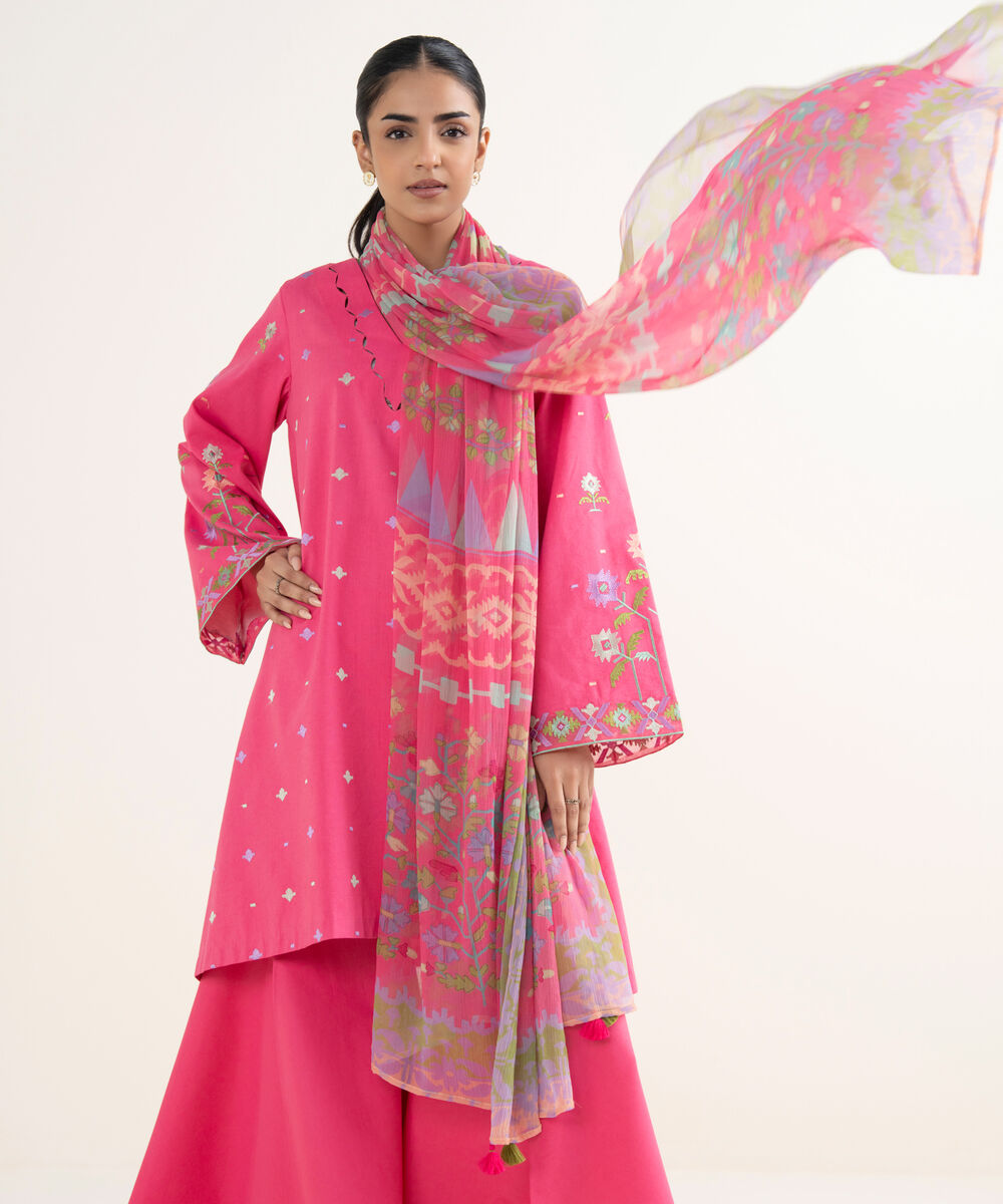 Women's Unstitched Cotton Viscose Embroidered Pink 3 Piece Suit