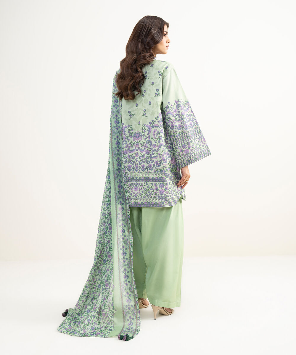 Women's Unstitched Zari Lawn Printed Green 3 Piece Suit