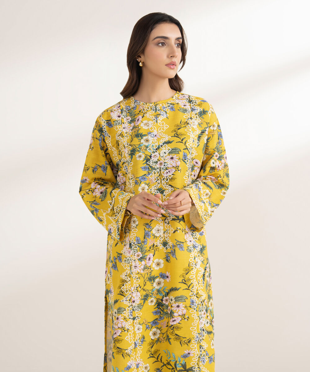 Women's RTW Khaddar Embroidered A-Line Yellow Shirt