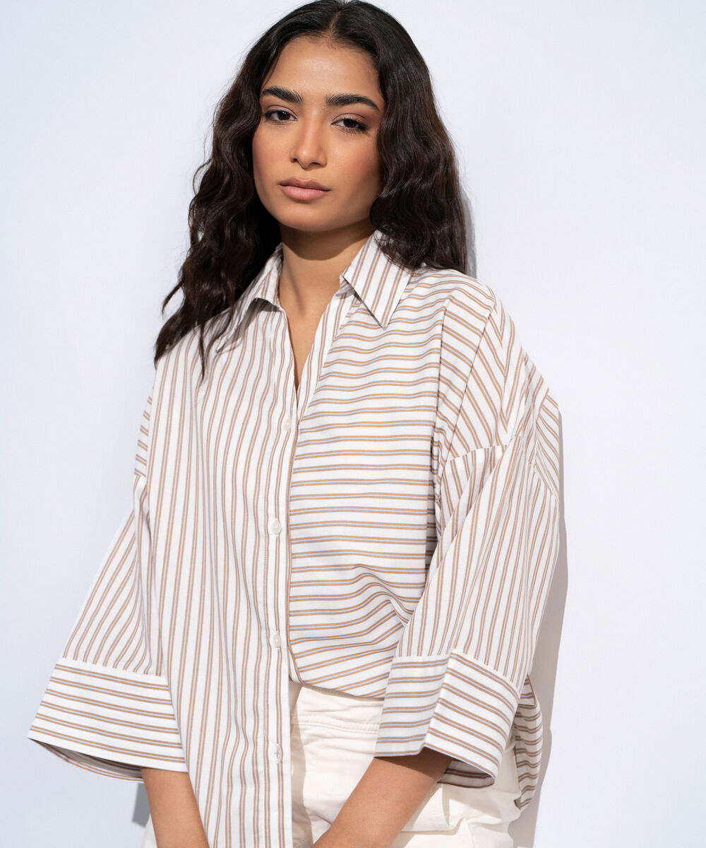 Women's Multi Striped Poplin V-Neck Shirt