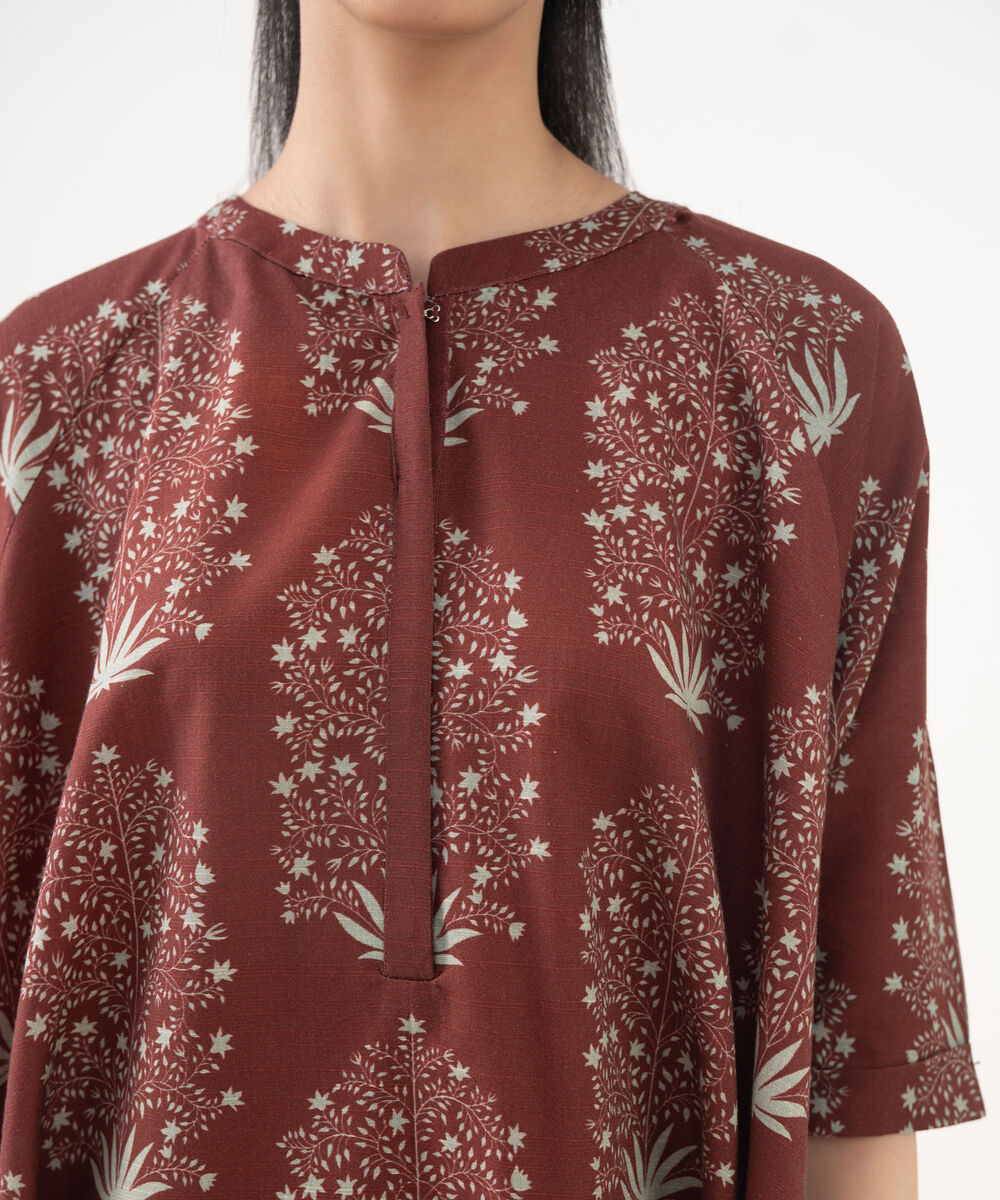Women's RTW Cotton Viscose Maroon Printed Raglan
