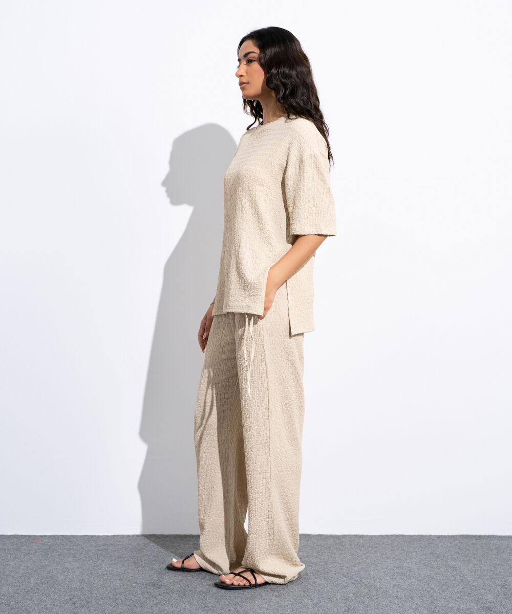 Women's Beige Loose Fit Textured T-Shirt