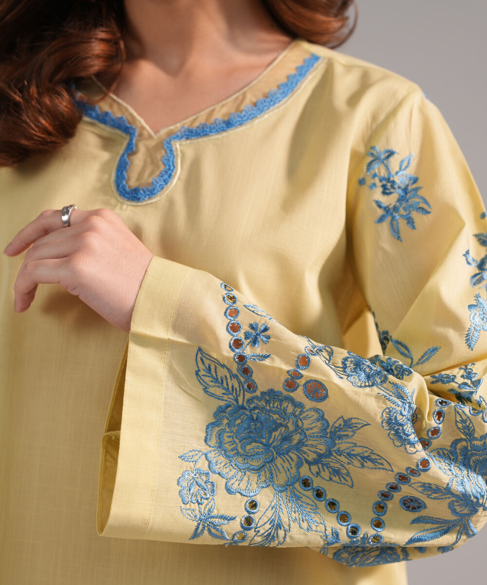 Women's RTW Crosshatch Embroidered Pale Yellow Straight Shirt