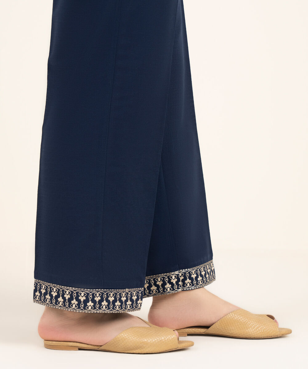 Women's RTW Khaddar Embroidered Blue Straight Pants