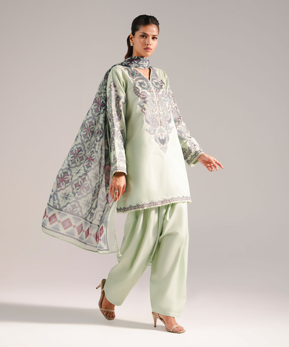 Women's RTW Zari Lawn Embroidered Mint Green 3 Piece Suit